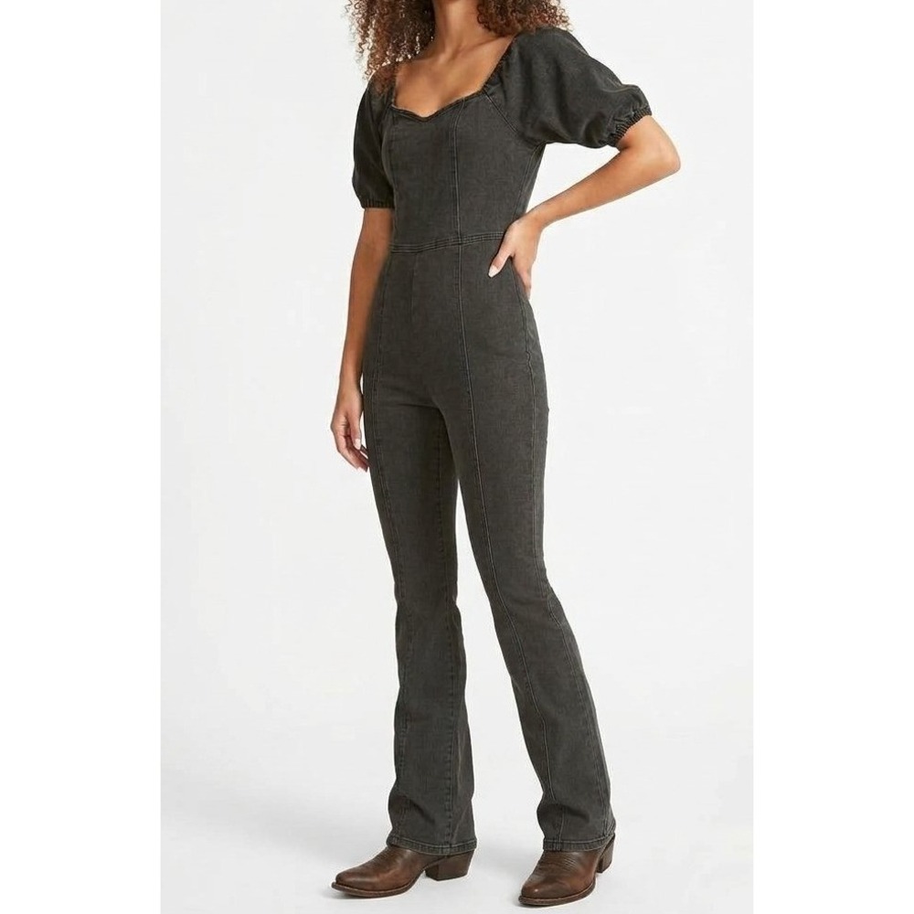 Madden Girl Dark Gray Stretch Denim Short Puff Sleeve Flare Leg Jumpsuit Large